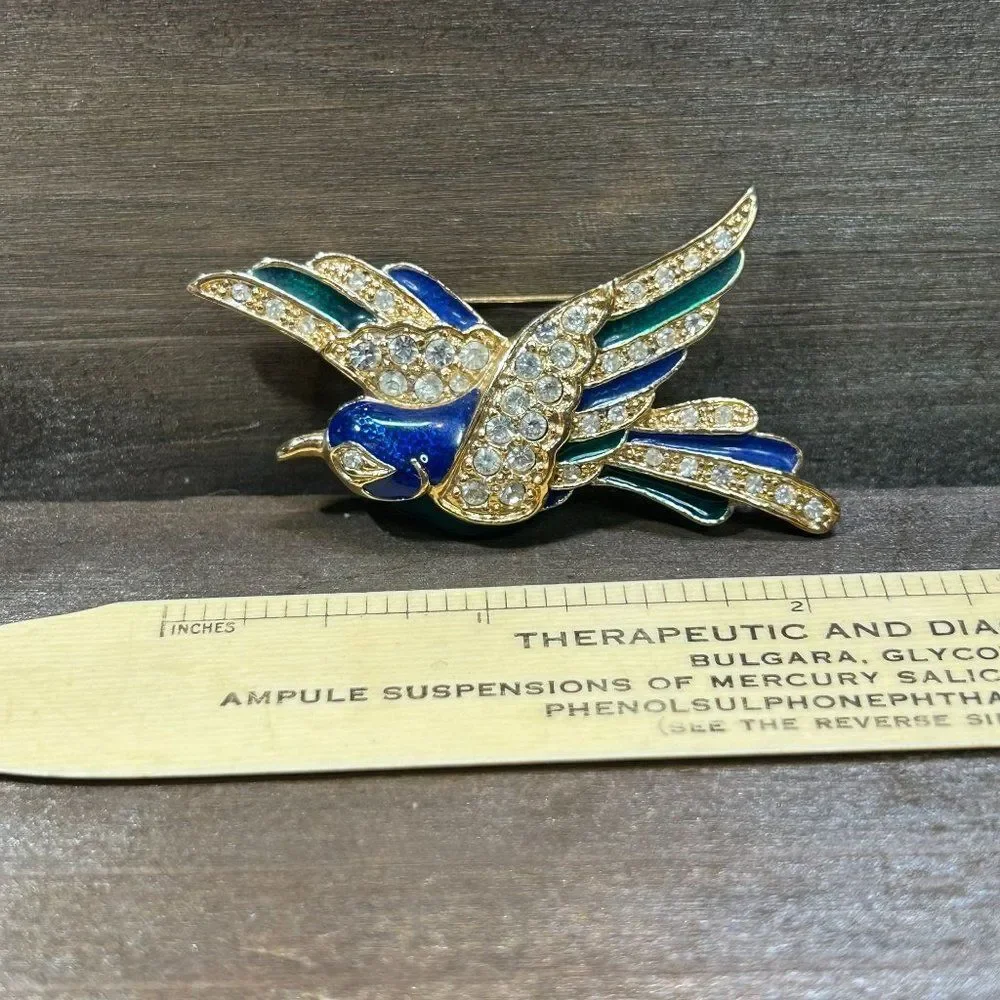 Roman Signed Vintage Bird Brooch Gold Tone Rhinestone Blue Green Enamel